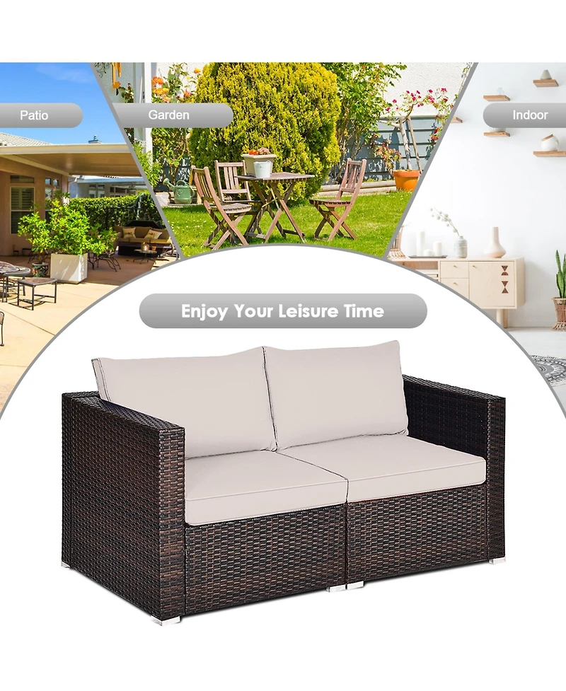 Gymax 2PCS Rattan Corner Sofa Set Patio Outdoor Furniture Set w/ 4 Beige Cushions