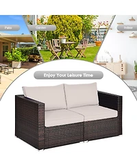 Gymax 2PCS Rattan Corner Sofa Set Patio Outdoor Furniture Set w/ 4 Beige Cushions