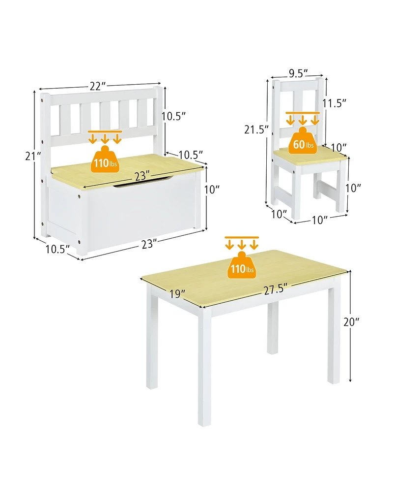 4 Pcs Kids Wooden Activity Table & Chairs Set w/ Storage Bench Study Desk