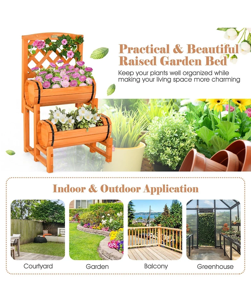 2-Tier Raised Garden Bed with 2 Cylindrical Planter Boxes and Trellis