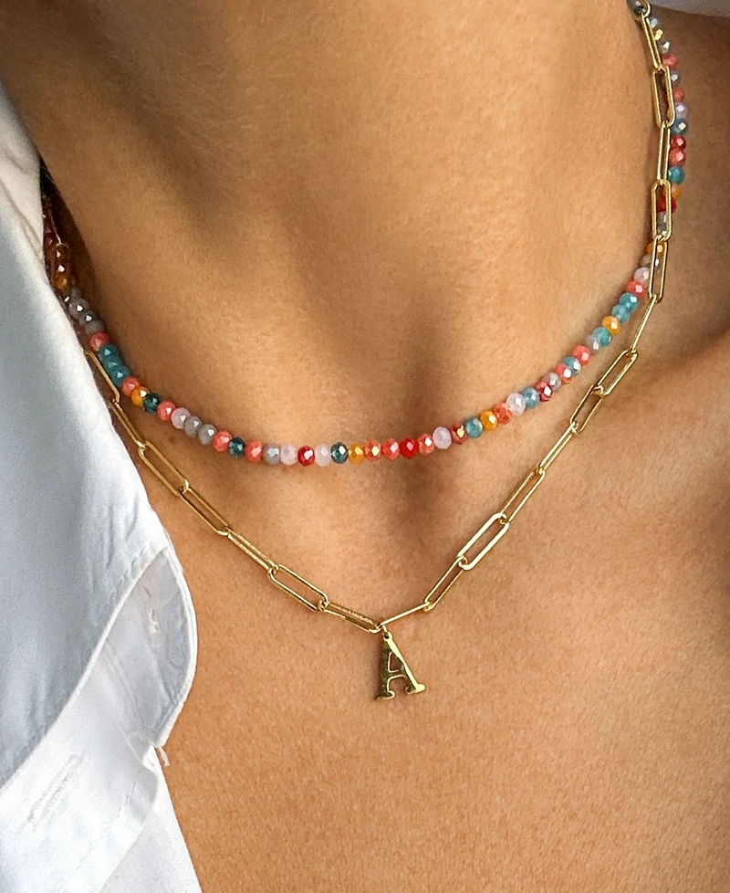 Adornia Gold Adjustable Layered Color Faux Stone Beads and Paperclip Chain Initial Necklace