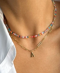 Adornia Gold Adjustable Layered Color Faux Stone Beads and Paperclip Chain Initial Necklace