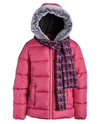 S Rothschild & Co Big Girls Quilted Full-Zip Hooded Puffer Jacket with Faux-Fur Trim & Houndstooth Scarf