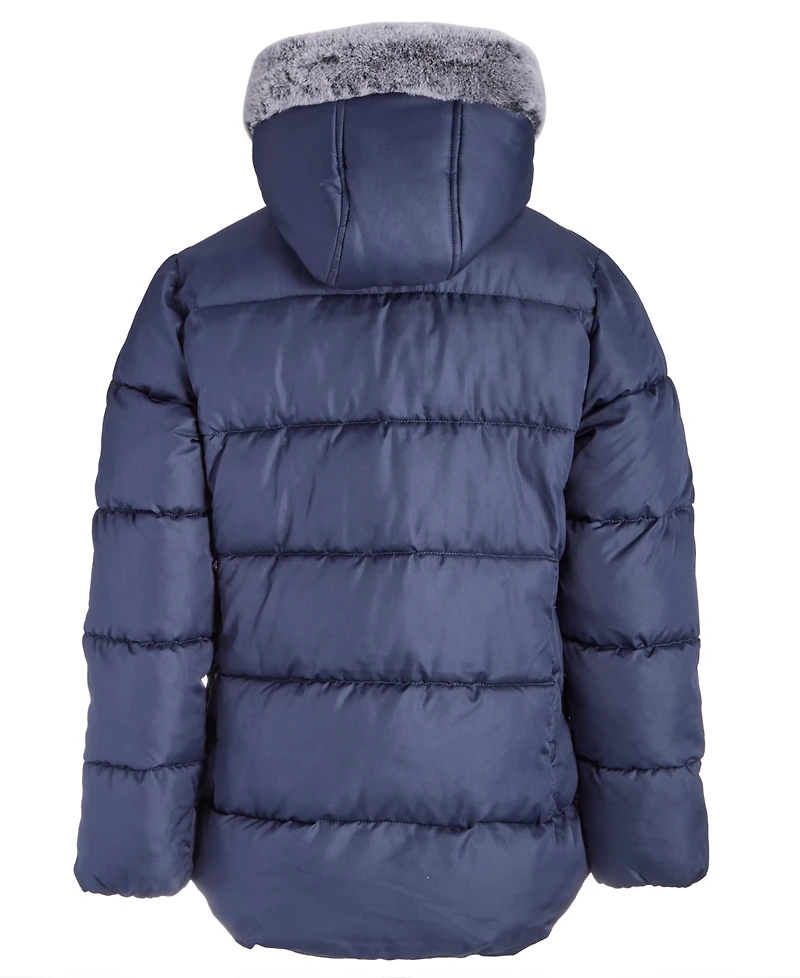 S Rothschild & Co Big Girls Quilted Full-Zip Hooded Puffer Jacket with Faux-Fur Trim & Houndstooth Scarf