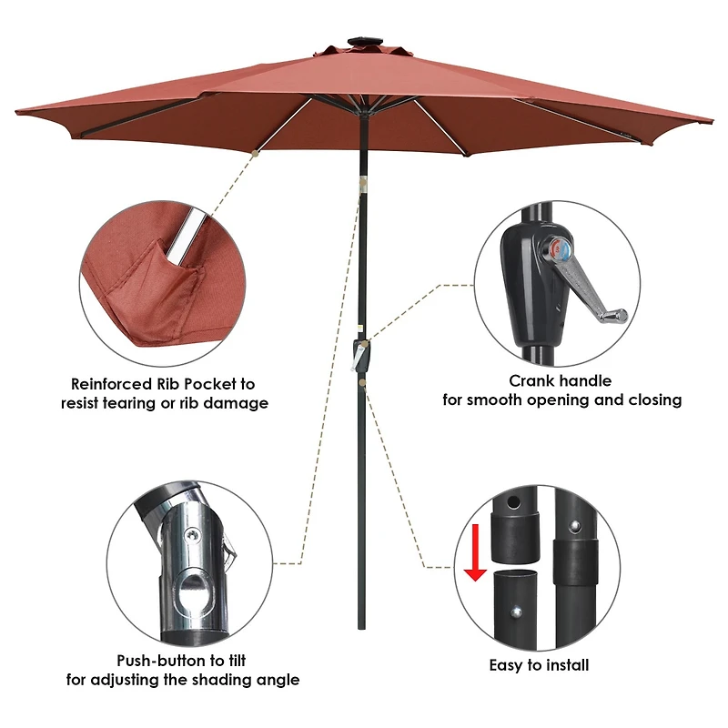 9ft Solar Led Patio Umbrella Outdoor Yard Parasol Cafe Sunshade Tilt with Crank