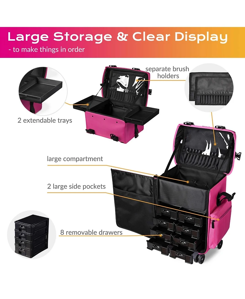 Byootique Deep Pink 2in1 Rolling Makeup Case Soft Sided Cosmetic Organizer 1680D