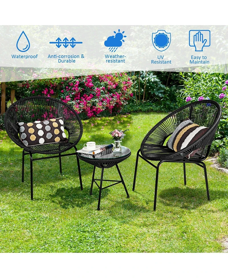 3PCS Patio Acapulco Furniture Bistro Set with Glass Table-Black