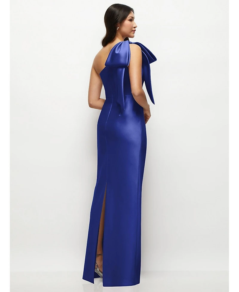 Alfred Sung Women's Oversized Bow One-Shoulder Satin Column Maxi Dress