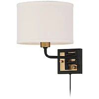 Joelle Mid Century Modern Swing Arm Wall Lamp Black Antique Brass Metal Plug-In Light Fixture Drum Shade for Bedroom Bedside House Reading Living Room