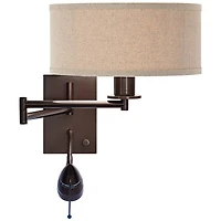 Possini Euro Design Radix Modern Swing Arm Wall Lamp Bronze with Cord Cover Led Reading Light Plug-in Light Fixture Oatmeal Shade for Bedroom Bedside
