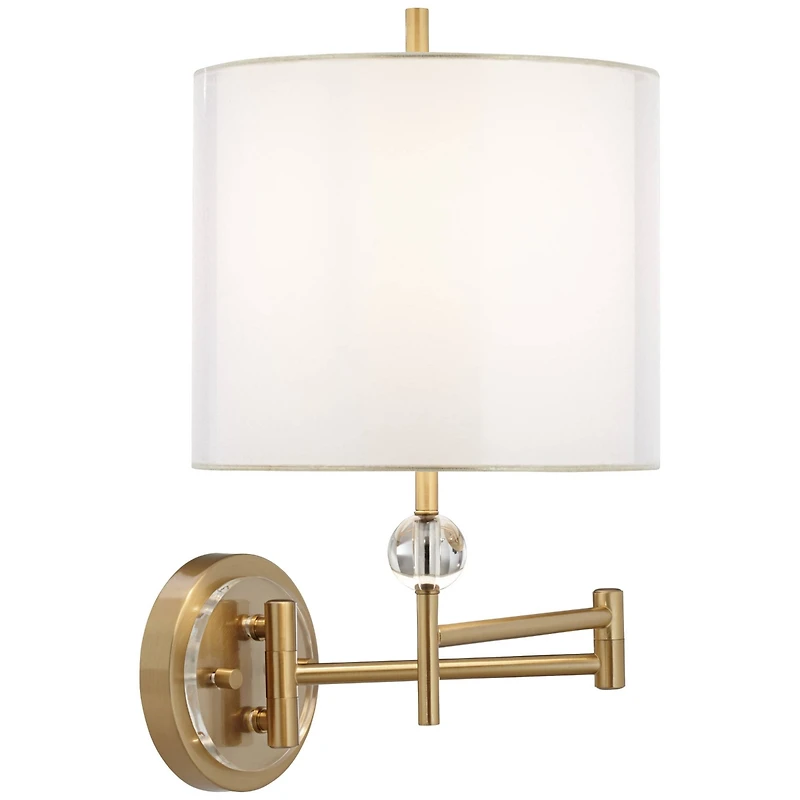 Possini Euro Design Kohle Modern Swing Arm Wall Lamp Polished Brass Plug-in Light Fixture White Inner Sheer Outer Drum Shade for Bedroom Bedside House