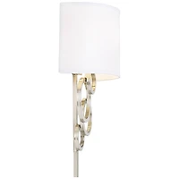 Possini Euro Design Circles Modern Wall Light Sconce Brushed Nickel Plug-in 12" Fixture Off White Cotton Half Shade for Bedroom Reading Living Ro
