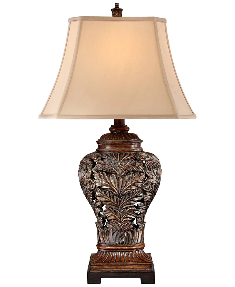 Barnes and Ivy Leafwork Vase 32 1/2" Tall Large Traditional End Table Lamp Brown Wood Finish Tan Rectangular Shade Living Room