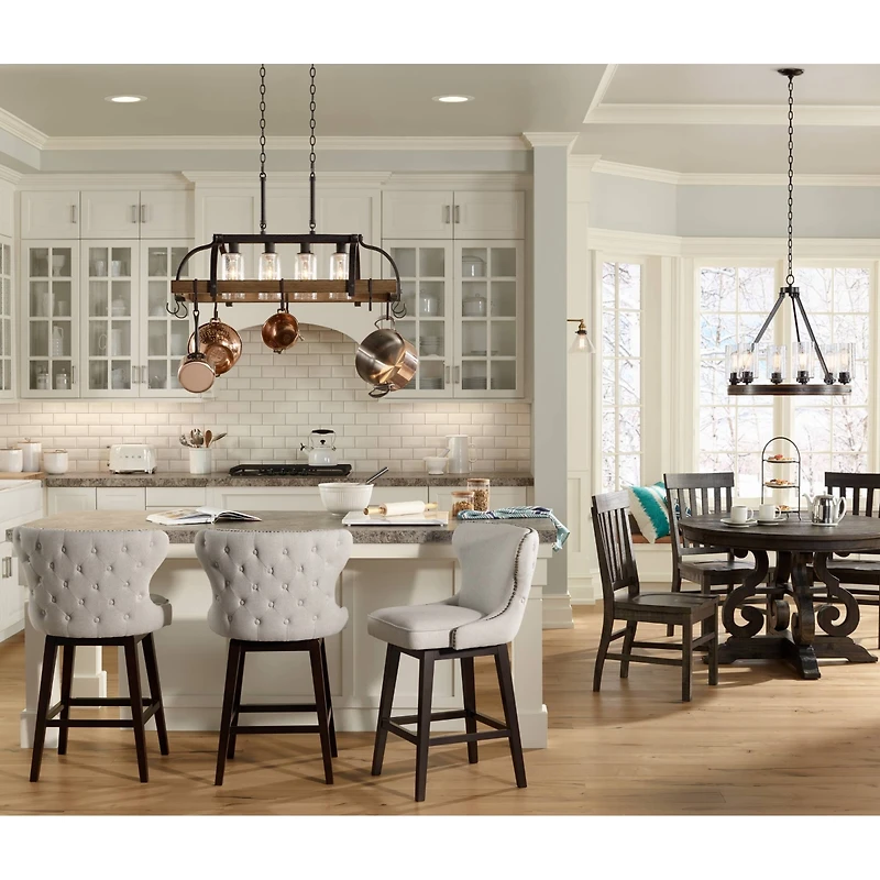 Franklin Iron Works Eldrige Bronze Wood Finish Pot Rack Linear Pendant Chandelier Lighting 36 1/2" Wide Rustic Farmhouse Clear Seed Glass 4-Light Fixt