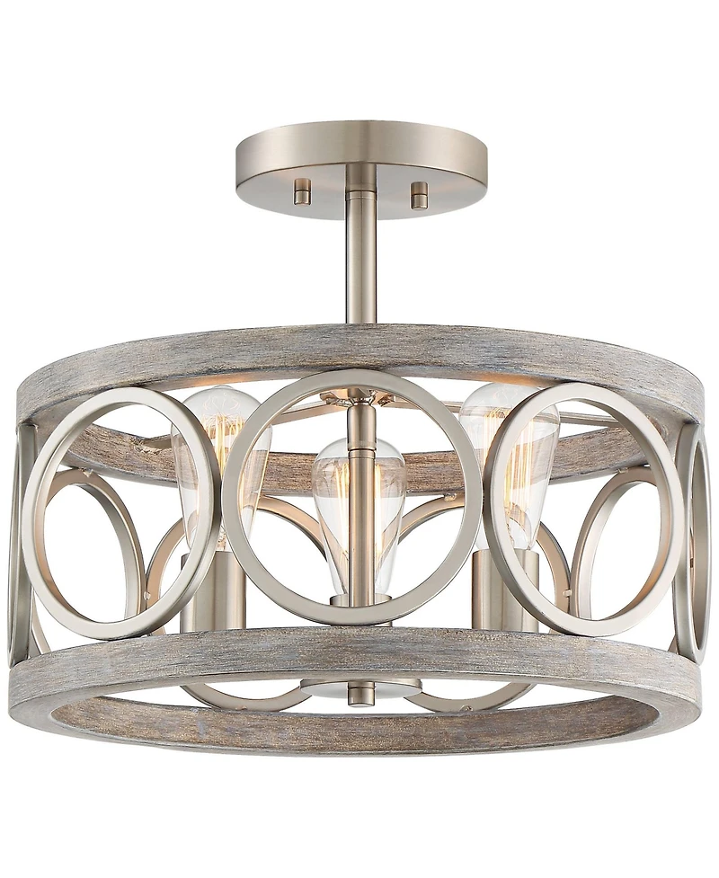 Franklin Iron Works Salima Rustic Farmhouse Ceiling Light Semi Flush Mount 16" Wide Brushed Nickel Gray Wood 3-Light Led for Bedroom Living Room