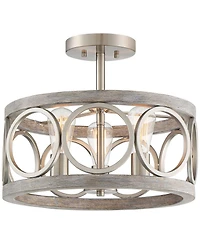 Franklin Iron Works Salima Rustic Farmhouse Ceiling Light Semi Flush Mount 16" Wide Brushed Nickel Gray Wood 3-Light Led for Bedroom Living Room