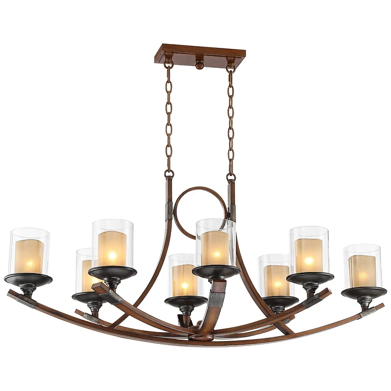 Franklin Iron Works Tafford Warm Mahogany Wood Island Linear Pendant Chandelier 43 1/4" Wide Farmhouse Rustic Clear Scavo Glass Faux Candle Shades 8-L
