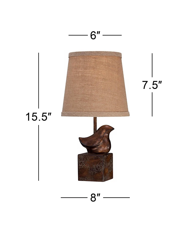 360 Lighting Bird Moderne Rustic Farmhouse Accent Table Lamp 15 1/2" High Sculptural Crackle Bronze Brown Natural Burlap Drum Shade Bedroom Night