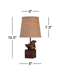 360 Lighting Bird Moderne Rustic Farmhouse Accent Table Lamp 15 1/2" High Sculptural Crackle Bronze Brown Natural Burlap Drum Shade Bedroom Night