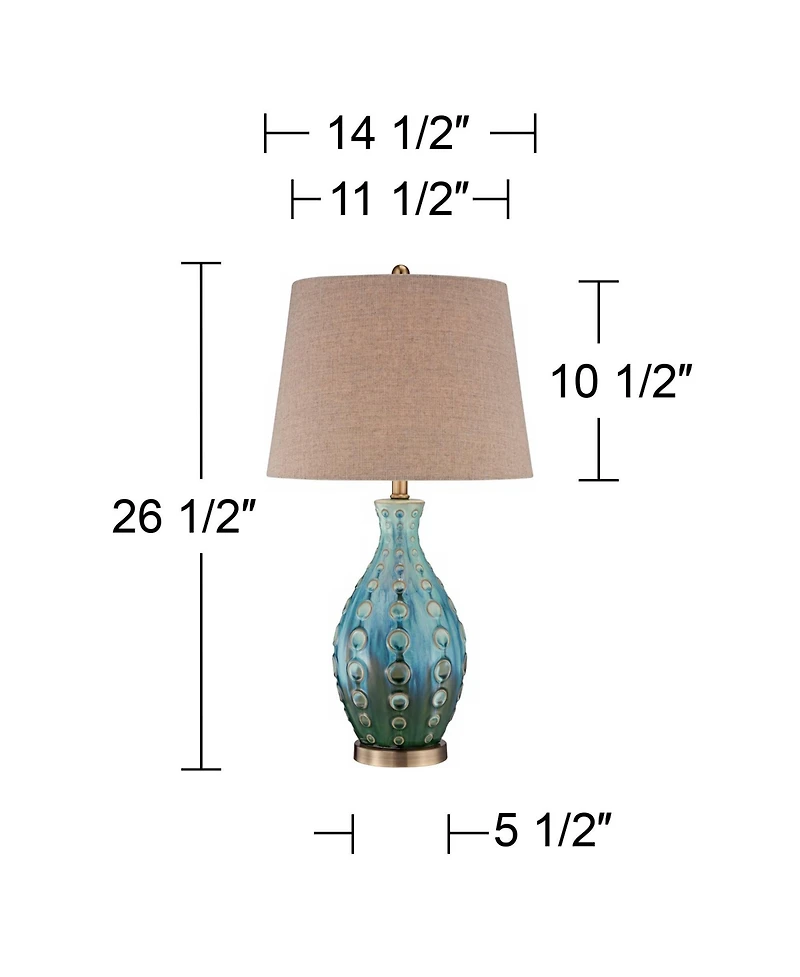 Mid Century Modern Vase-Shaped Table Lamp 26.5" High Textured Glaze Teal Green Hand-Made Ceramic Tan Linen Drum Shade for Living Room Bedroom Hou