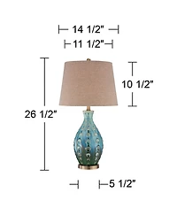 Mid Century Modern Vase-Shaped Table Lamp 26.5" High Textured Glaze Teal Green Hand-Made Ceramic Tan Linen Drum Shade for Living Room Bedroom Hou