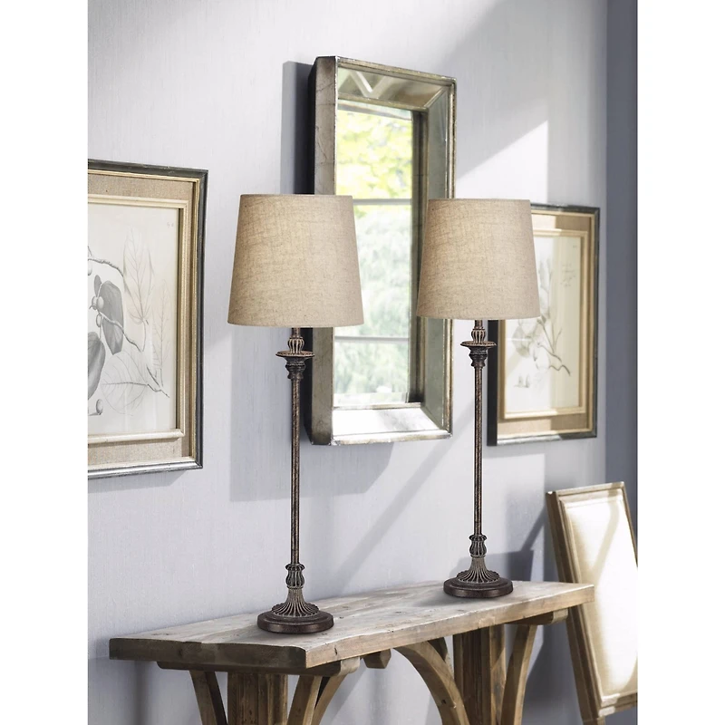 Regency Hill Bentley Traditional Buffet Table Lamp 31 1/2" Tall Weathered Brown Linen Fabric Drum Shade for Bedroom Living Room Bedside Nightstan
