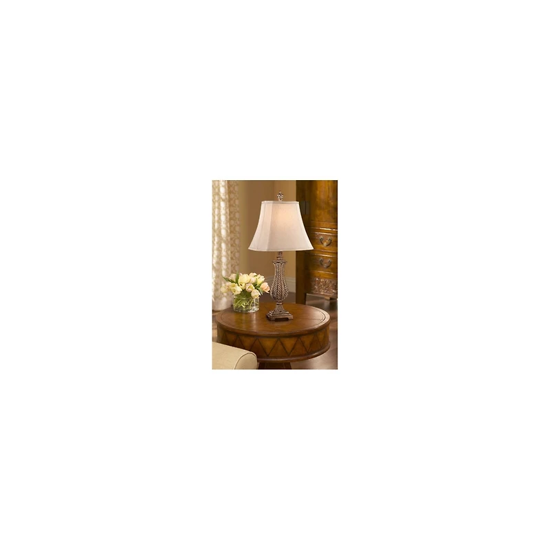 Traditional Country Cottage Table Lamp 25" High Antique Gold Leaves Petite Vase Off White Rectangular Shade Decor for Living Room Bedroom House Bedsid