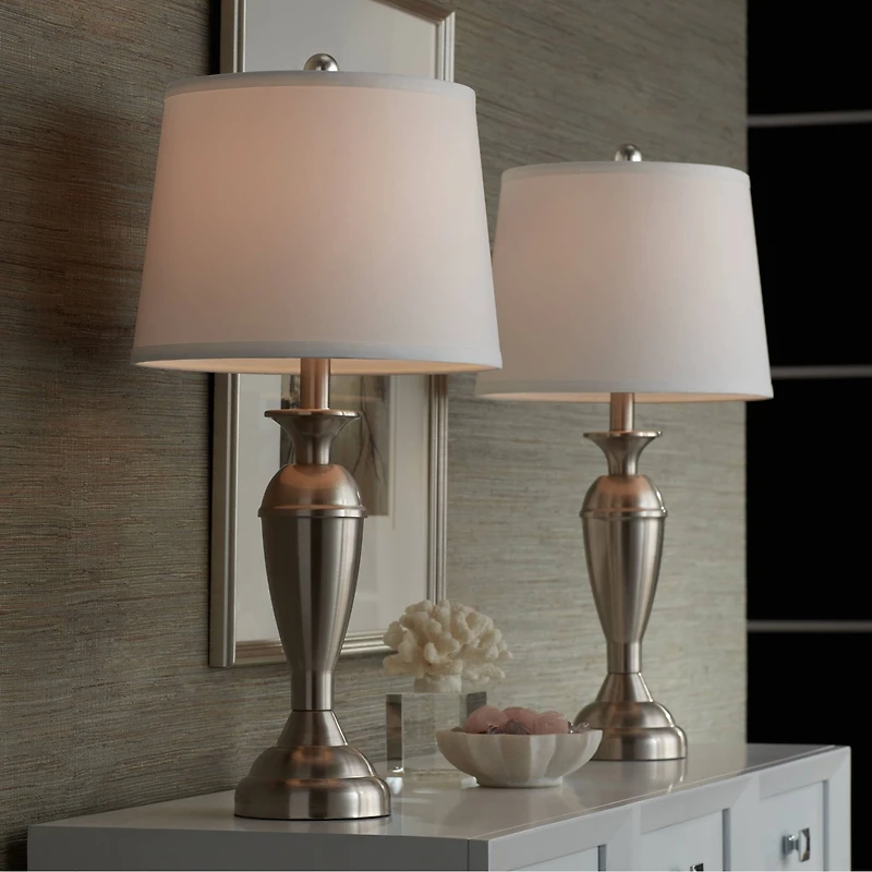 Regency Hill Blair Traditional Table Lamps 25" High Set of 2 Brushed Nickel White Drum Shade for Bedroom Living Room Bedside Nightstand Office Fa