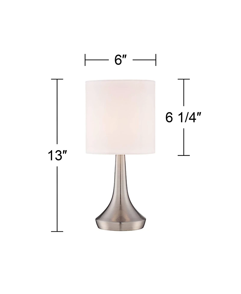360 Lighting Zofia Modern Accent Table Lamps 13" High Set of 2 Brushed Nickel Silver Tapered Metal Touch On Off White Fabric Drum Shade for Bedro