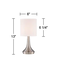 360 Lighting Zofia Modern Accent Table Lamps 13" High Set of 2 Brushed Nickel Silver Tapered Metal Touch On Off White Fabric Drum Shade for Bedro