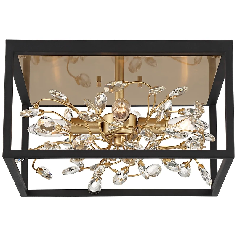 Possini Euro Design Carrine Modern Ceiling Light Flush Mount Fixture 14 1/4" Wide Black Gold 4-Light Clear Crystal for Bedroom Kitchen Living Roo