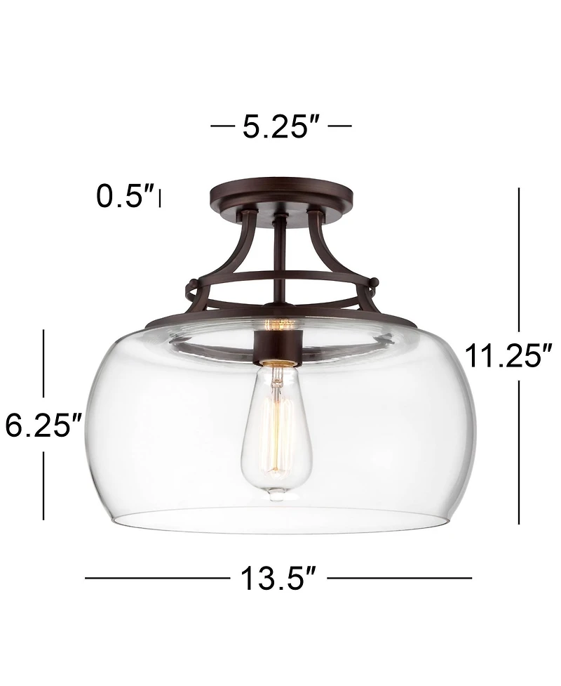 Franklin Iron Works Charleston Industrial Rustic Farmhouse Ceiling Light Semi Flush-Mount Fixture 13.5" Wide Bronze Led Clear Glass Shade for Bedroom