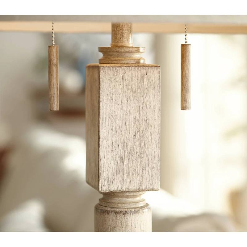 Baluster Traditional Country Cottage Natural Standing Floor Lamp 63.5" Tall Rustic Whitewashed Pickled Wood Oatmeal Linen Fabric Drum Shade Decor