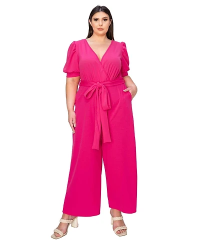 L I V D Plus Size Iris Surplice Belted Pocket Jumpsuit