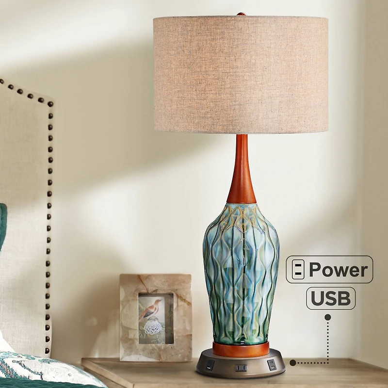 Rocco Mid Century Modern Table Lamp with Usb and Ac Power Outlet Workstation Charging Base Handmade 30" Tall Blue Ceramic Tan Drum Shade for Livi