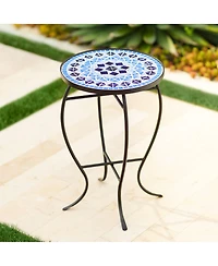 Teal Island Designs Modern Black Round Outdoor Accent Side Tables 14" Wide Set of 2 Light Blue Mosaic Tabletop Front Porch Patio Home House