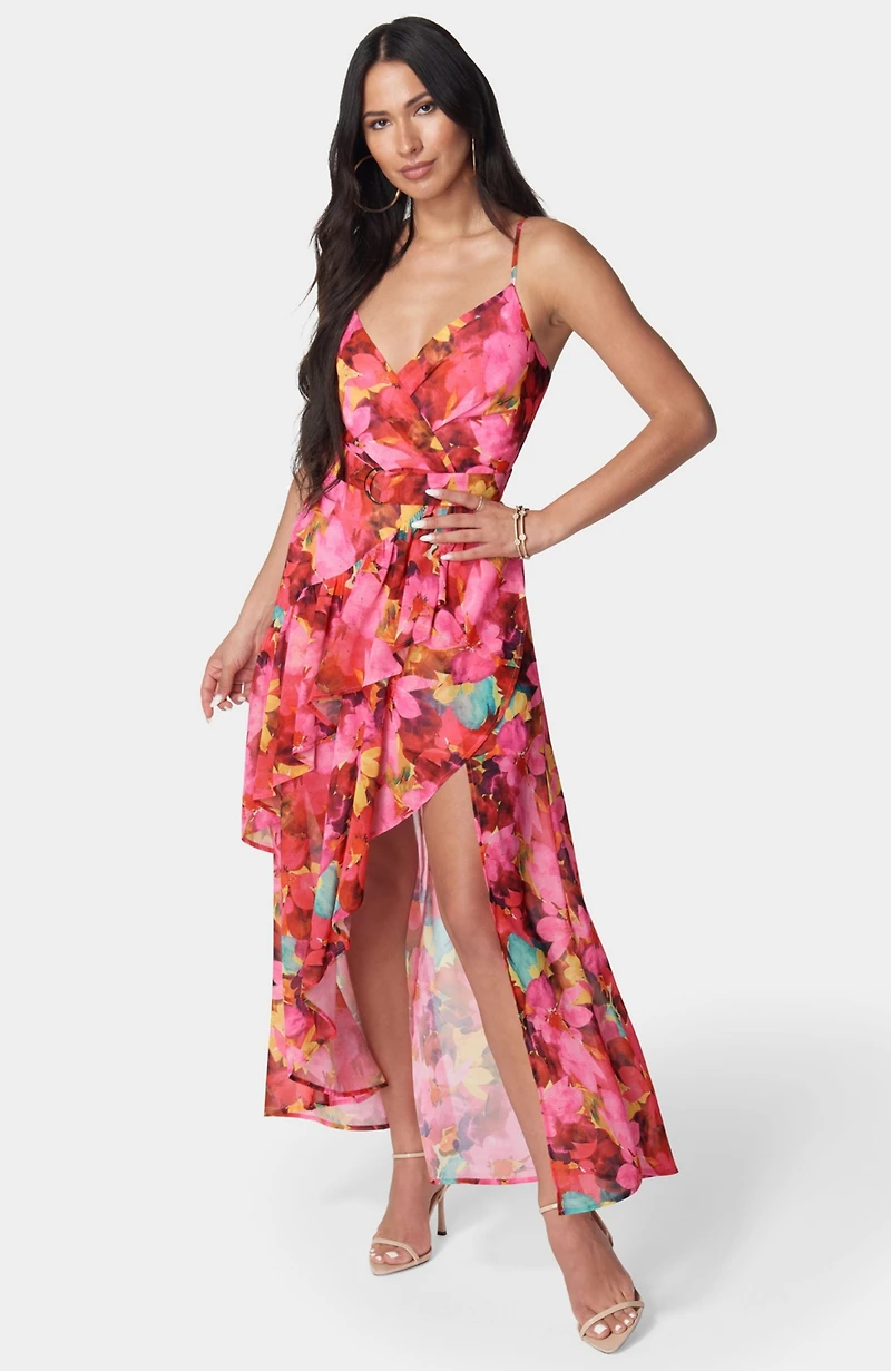 Bebe Women's Printed Ruffle Wrap Dress
