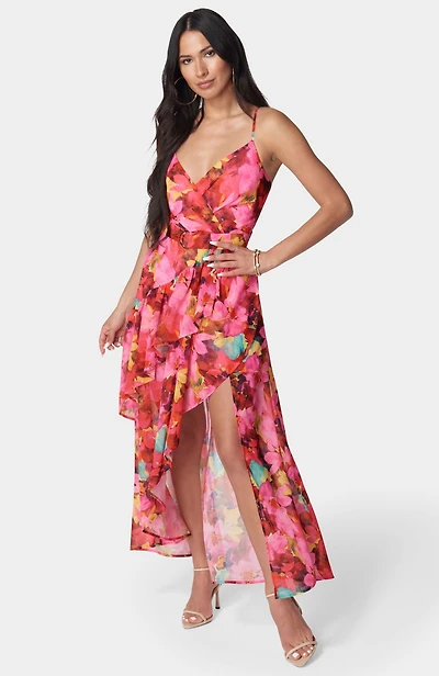 Bebe Women's Printed Ruffle Wrap Dress