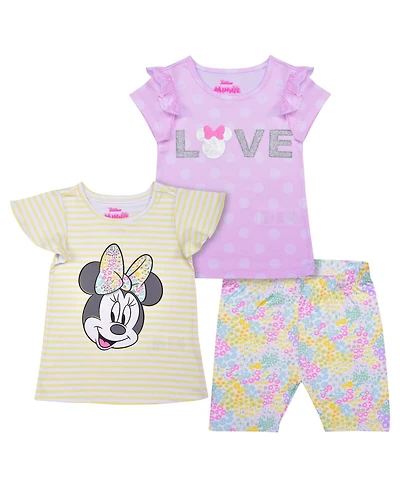 Children's Apparel Network Girls Preschool Minnie Mouse Yellow/Pink 3-Piece T-Shirt and Shorts Set