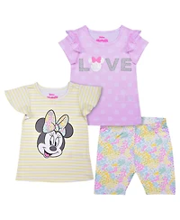 Children's Apparel Network Girls Preschool Minnie Mouse Yellow/Pink 3-Piece T-Shirt and Shorts Set
