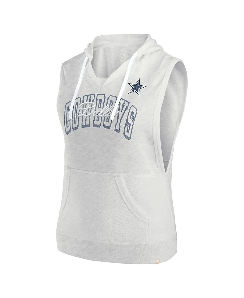 Fanatics Women's Oatmeal Dallas Cowboys Lounge Script Sleeveless V-Neck Pullover Hoodie