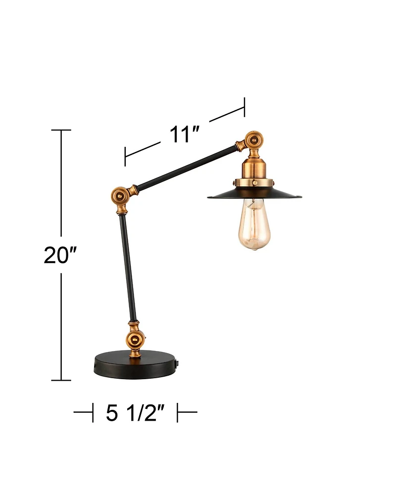 360 Lighting Taurus Industrial Rustic Desk Lamp 20" High Black Gold with Usb Charging Port Adjustable for Bedroom Living Room Bedside Nightstand