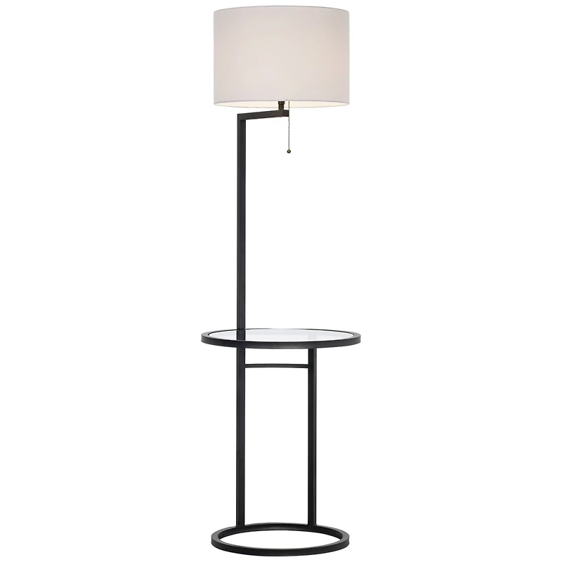 360 Lighting Space Saver Modern Floor Lamp with Tray Table 62" Tall Black Metal White Fabric Drum Shade for Living Room Bedroom Office House Home