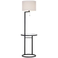 360 Lighting Space Saver Modern Floor Lamp with Tray Table 62" Tall Black Metal White Fabric Drum Shade for Living Room Bedroom Office House Home