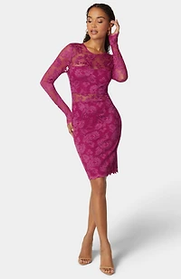 Bebe Women's Marseille Lace Long Sleeve Illusion Dress