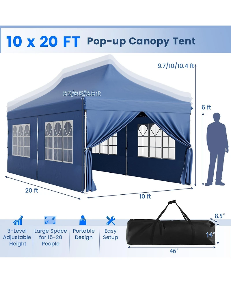 Slickblue 10 x 20 Ft Pop up Canopy with 6 Sidewalls and Windows Carrying Bag for Party Wedding Picnic