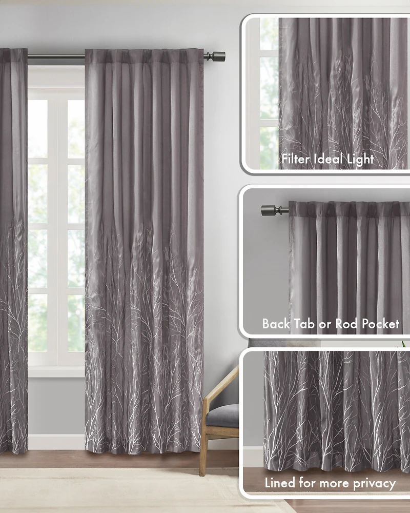 Madison Park Andora Botanical Embroidered Curtain Panel, Single with Privacy Lining for Bedroom and Living Room, 84 inch length