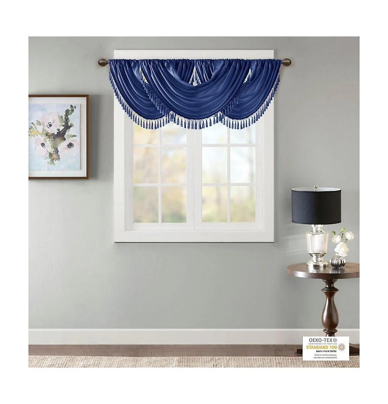 Madison Park Elena Faux Silk Waterfall Embellished Valance Window for Bedroom and kitchen, Lining Rob Pocket/Back Tab valances windows
