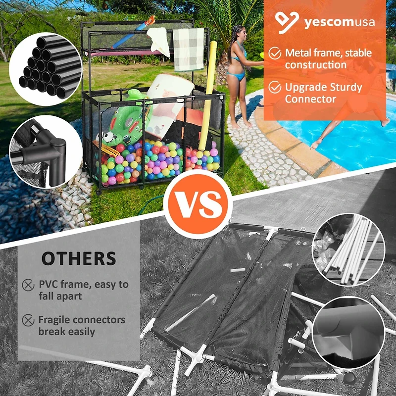 Yescom Metal Frame 10 Wheels Rolling Mesh Pool Storage Bin Xx-Large Double Decker with Noodle Holder Pool Float Storage Organizer