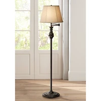 Regency Hill Traditional Swing Arm Floor Lamp 58" Tall Painted Black Bronze Swirl Font Faux Silk Beige Shade for Living Room Reading Office